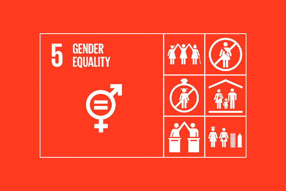 Grafisk illustration av SDG nr 5 (FN's globala mål för hållbar utveckling om jämställdhet mellan kön).