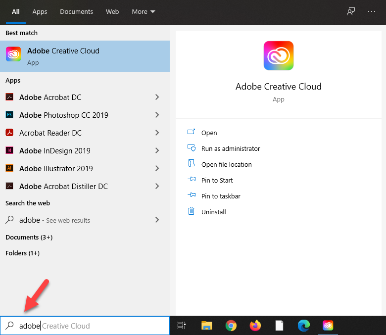 screenshot: search for Adobe Creative Cloud app