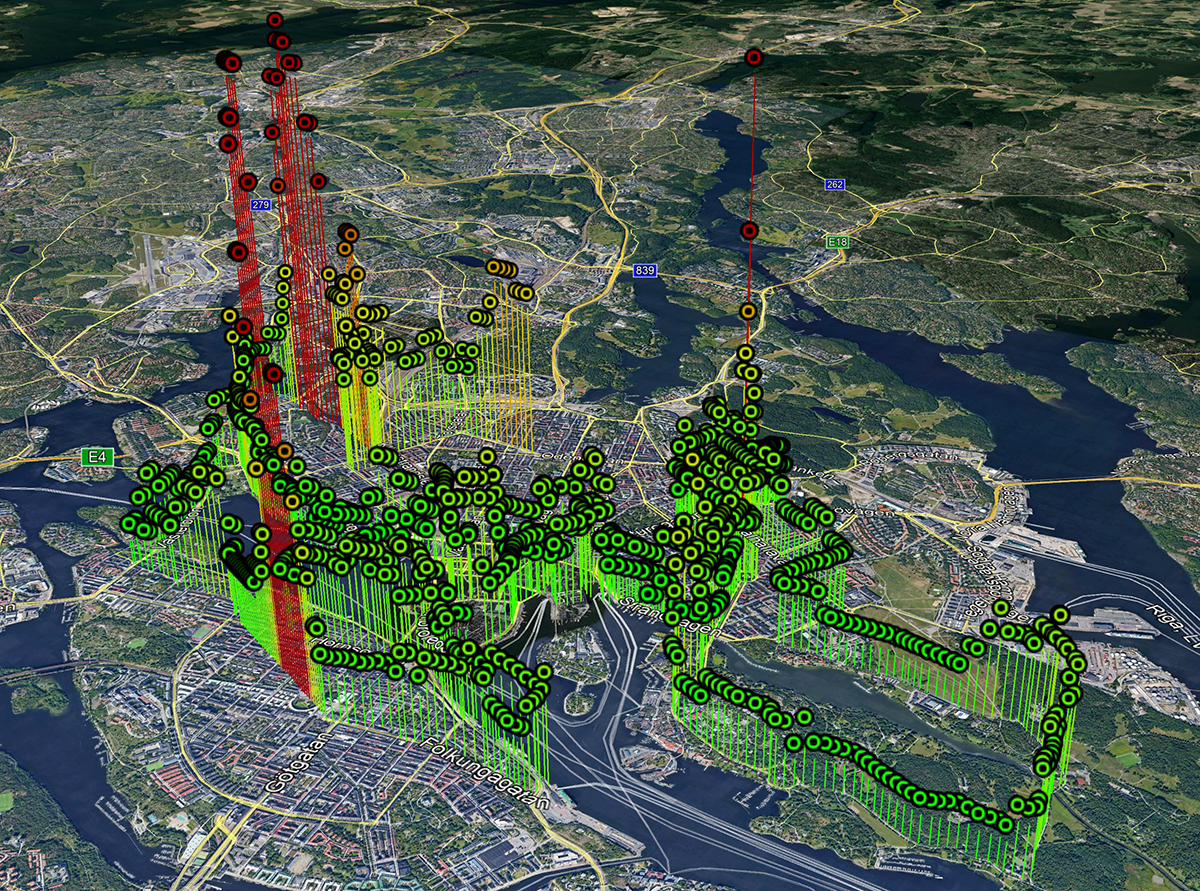 En satellitkarta över Stockholm med staplar som visar utsläpp av koldioxid under 2019 års upplaga av Stockholm marathon.