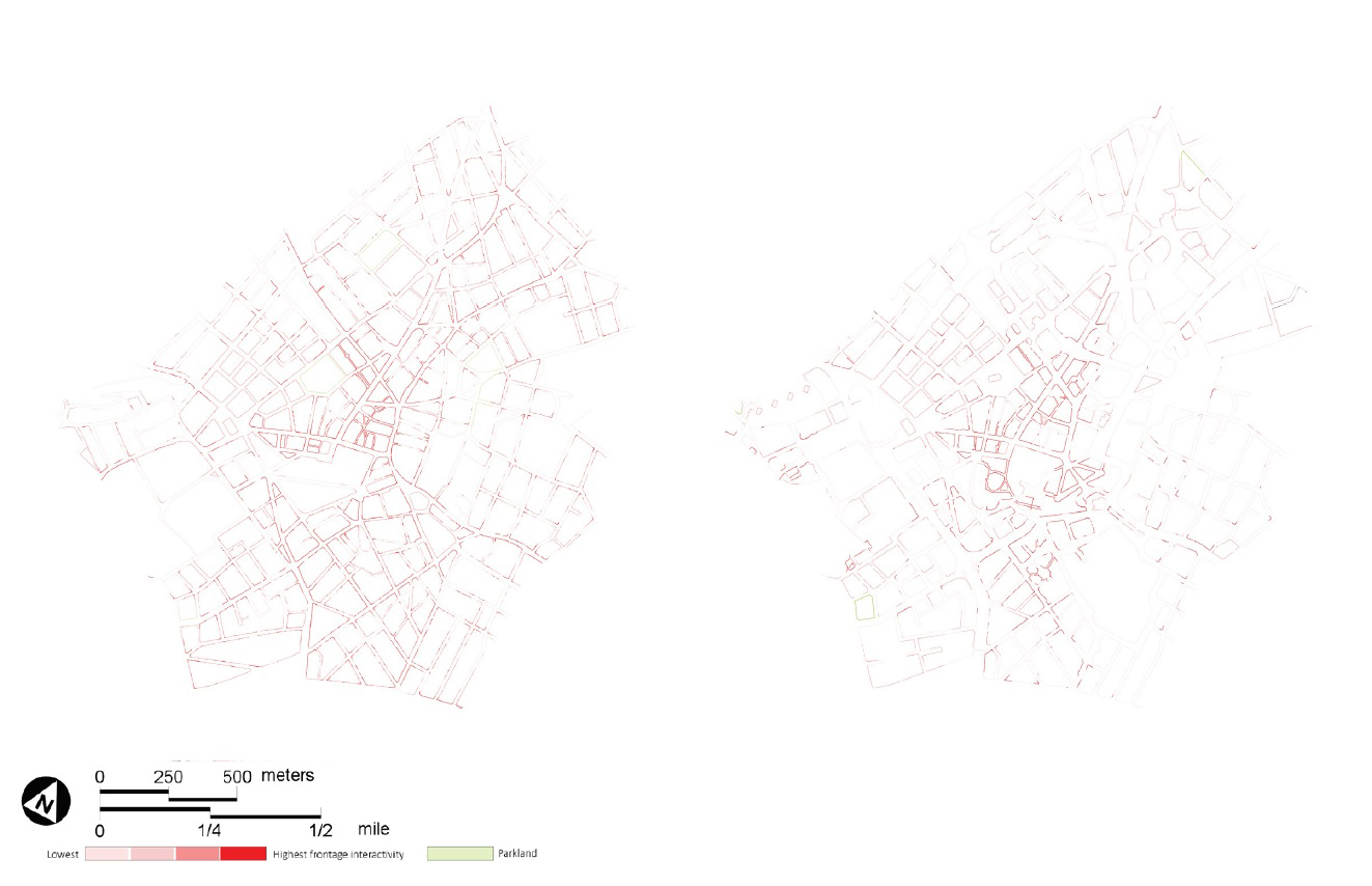 Figur: Frontage interactivity decline in the heart of Birmingham, 1911 (left) and 2017 (right)