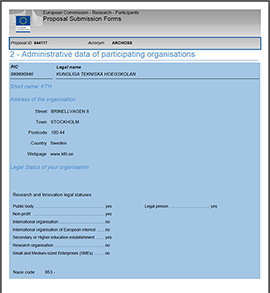 Bild som visar online-formulär där allmän information om KTH fylls i automatiskt när man har angivit KTH:s så kallde PIC nummer. Det används vid ansökan av H2020 projekt.